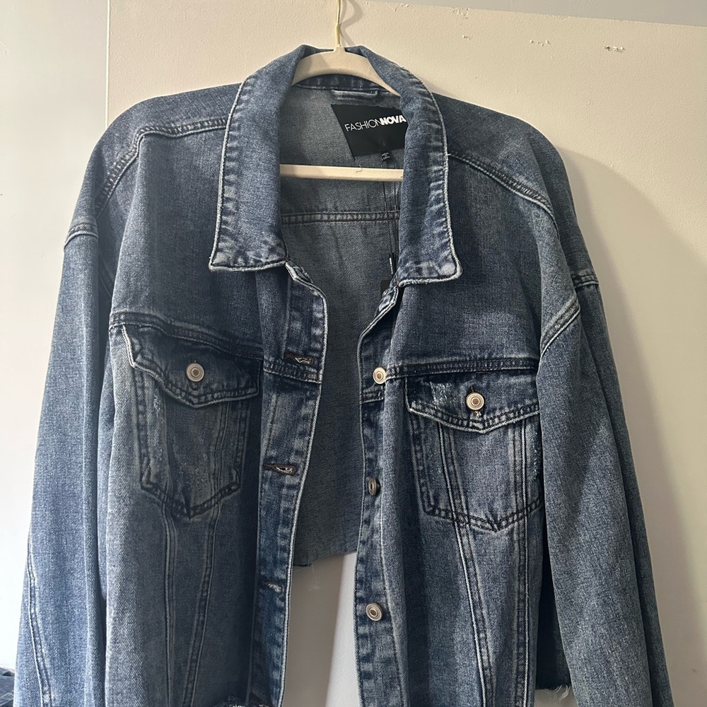 Raining Glitter Fringe Denim Trucker Jacket - Medium Blue Wash